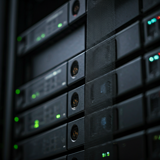 Close up view of high-density server racks with blue and white glowing status lights in a modern data center.
